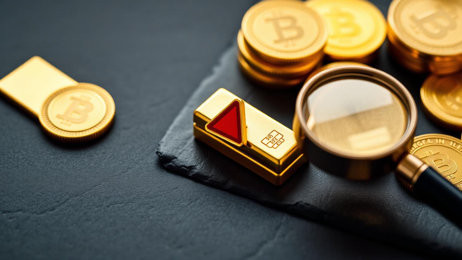 Goldbarren und Goldmünzen mit Warnsymbol und Lupe auf dunklem Schiefer – Goldkauf Fehler vermeiden Ratgeber 2026