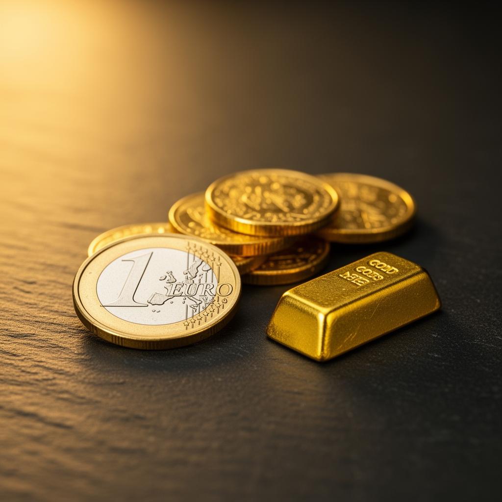 Kleine Goldmünzen und Goldbarren neben einer 1-Euro-Münze auf dunklem Schiefer – Kleinanleger Gold kaufen ab 1 Euro Ratgeber 2026