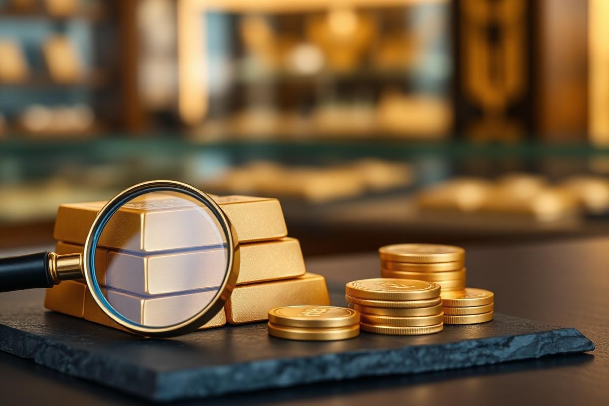Goldbarren und Goldmünzen mit Lupe auf dunklem Schiefer vor einem Händler-Tresen – Seriöse Goldhändler erkennen Ratgeber 2026