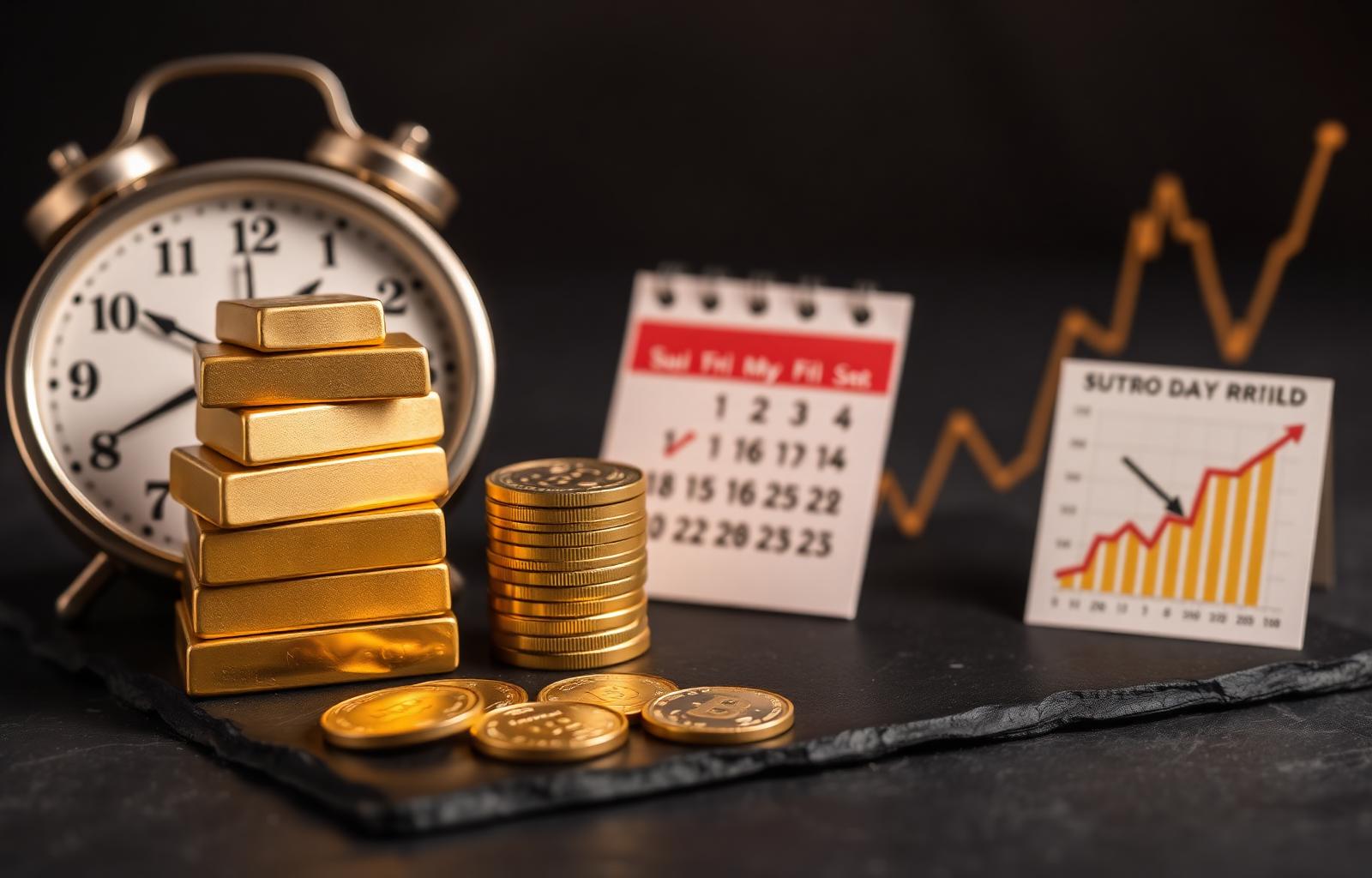Goldbarren und Goldmünzen neben Uhr, Kalender und Kurschart auf dunklem Schiefer – Ratgeber Timing Goldkauf 2026
